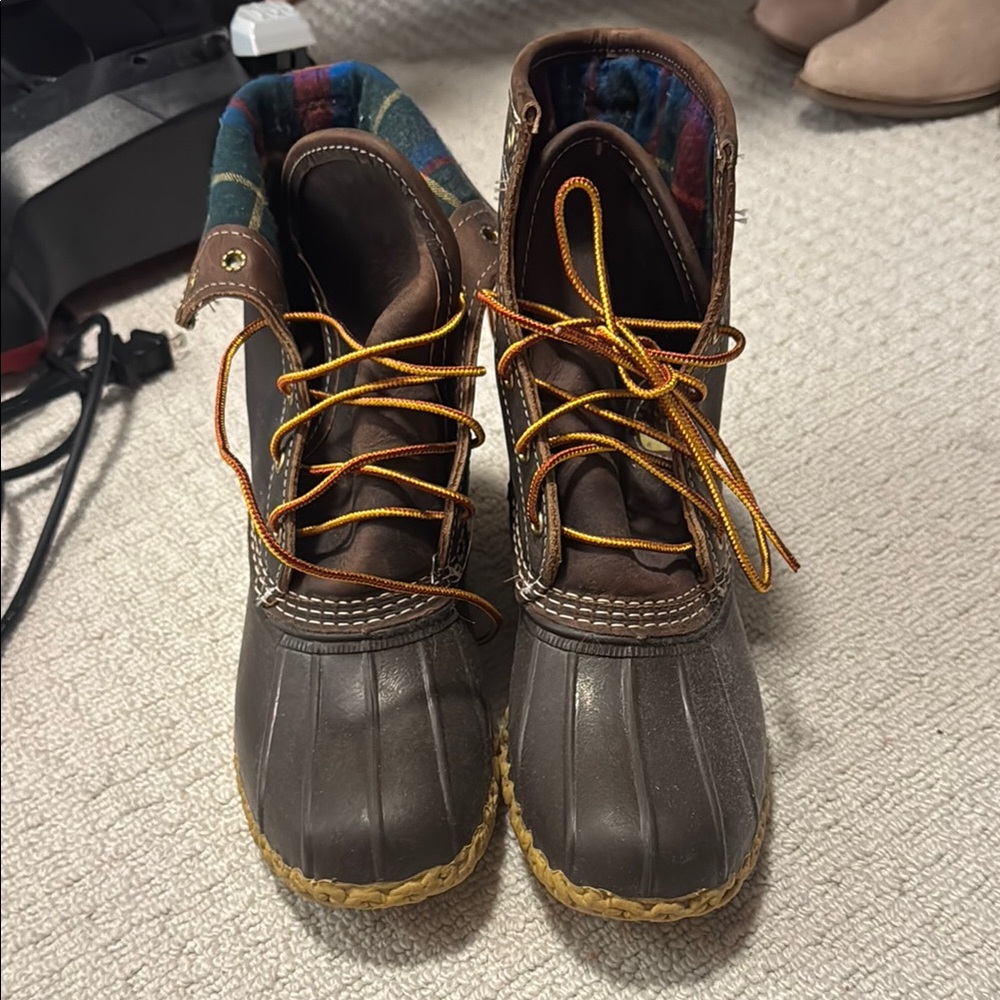 L L bean Brown Duck Boots with Yellow Laces